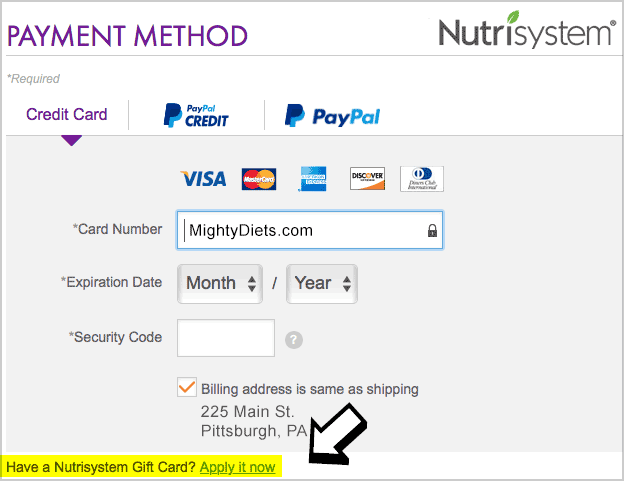 nutrisystem where enter gift card