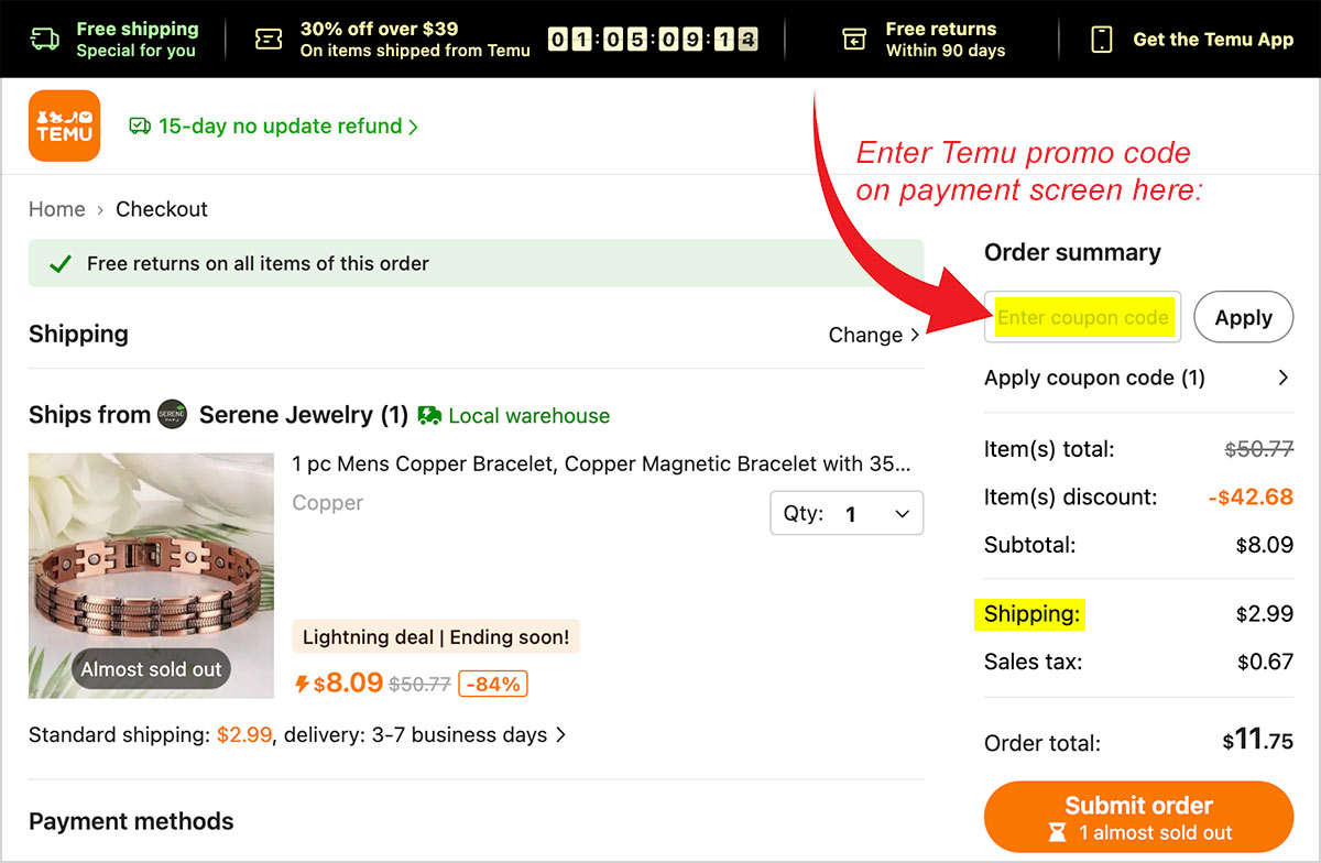 enter temu free shipping code