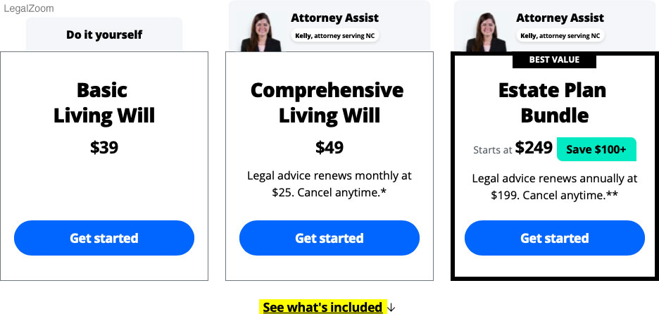 legalzoom living will cost