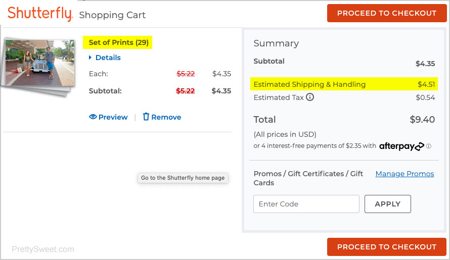 shutterfly shipping cost prints